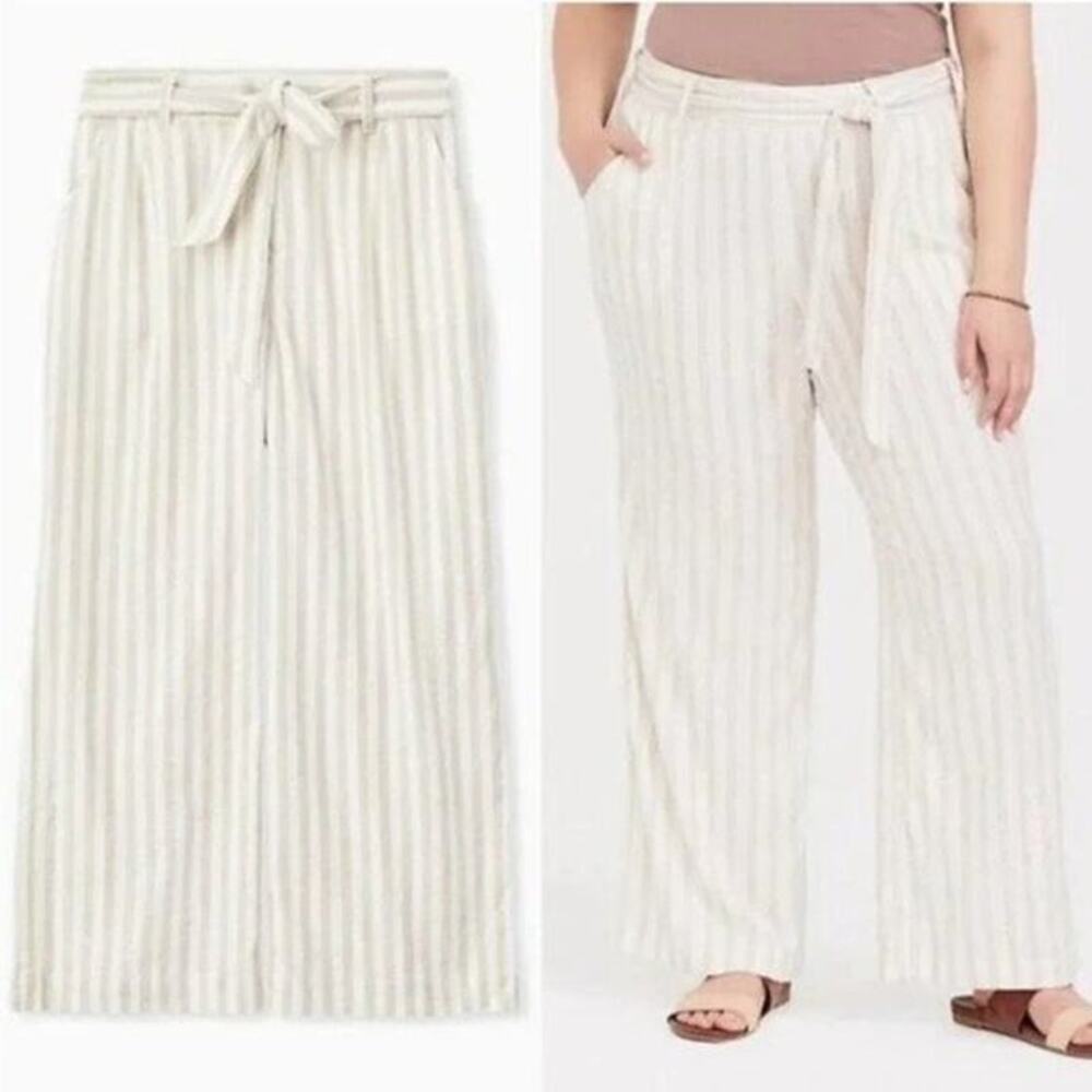 [Torrid] Tan Cream Linen Blend Striped Wide Leg Pants High Rise Casual Size 24